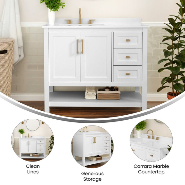 English Elm Vega Bathroom Vanity with Carrara Marble Sink, Soft-Close Storage, and Elegant Open Shelf Design White Frame/Gold Hardware 42" FS-VEGA42-WH-GLD-GG