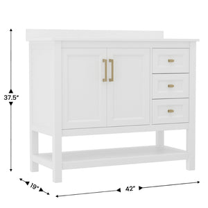 English Elm Vega Bathroom Vanity with Carrara Marble Sink, Soft-Close Storage, and Elegant Open Shelf Design White Frame/Gold Hardware 42" FS-VEGA42-WH-GLD-GG