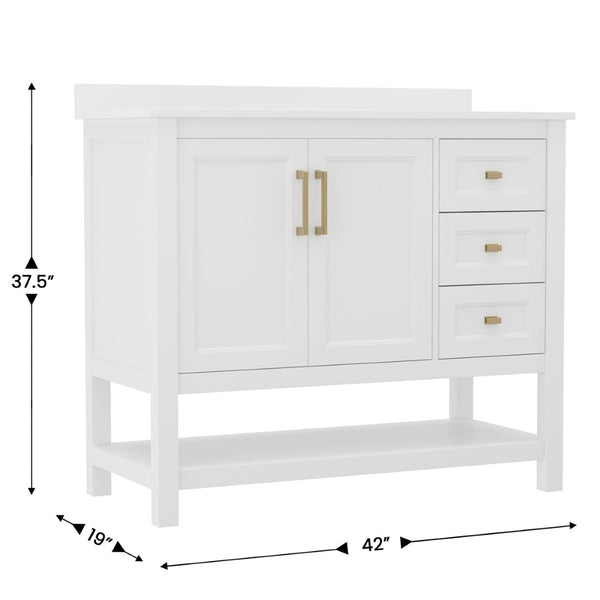 English Elm Vega Bathroom Vanity with Carrara Marble Sink, Soft-Close Storage, and Elegant Open Shelf Design White Frame/Gold Hardware 42" FS-VEGA42-WH-GLD-GG