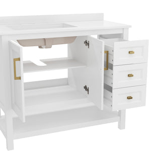 English Elm Vega Bathroom Vanity with Carrara Marble Sink, Soft-Close Storage, and Elegant Open Shelf Design White Frame/Gold Hardware 42" FS-VEGA42-WH-GLD-GG