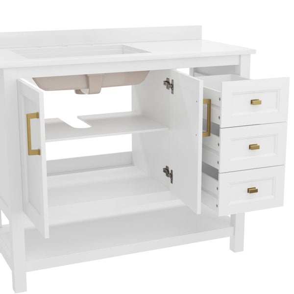 English Elm Vega Bathroom Vanity with Carrara Marble Sink, Soft-Close Storage, and Elegant Open Shelf Design White Frame/Gold Hardware 42" FS-VEGA42-WH-GLD-GG