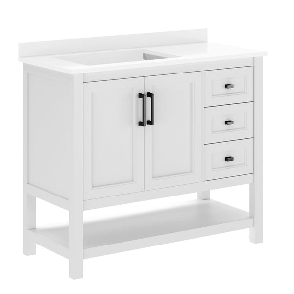 English Elm Vega Bathroom Vanity with Carrara Marble Sink, Soft-Close Storage, and Elegant Open Shelf Design White Frame/Black Hardware 42" FS-VEGA42-WH-HDBLK-GG