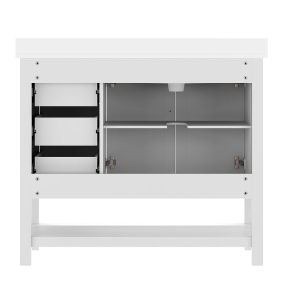 English Elm Vega Bathroom Vanity with Carrara Marble Sink, Soft-Close Storage, and Elegant Open Shelf Design White Frame/Black Hardware 42" FS-VEGA42-WH-HDBLK-GG