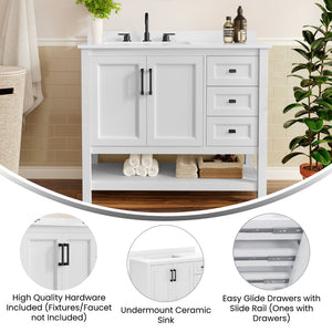 English Elm Vega Bathroom Vanity with Carrara Marble Sink, Soft-Close Storage, and Elegant Open Shelf Design White Frame/Black Hardware 42" FS-VEGA42-WH-HDBLK-GG