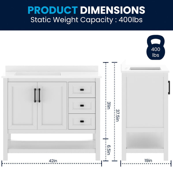 English Elm Vega Bathroom Vanity with Carrara Marble Sink, Soft-Close Storage, and Elegant Open Shelf Design White Frame/Black Hardware 42" FS-VEGA42-WH-HDBLK-GG