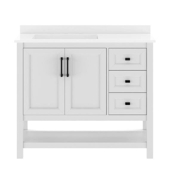 English Elm Vega Bathroom Vanity with Carrara Marble Sink, Soft-Close Storage, and Elegant Open Shelf Design White Frame/Black Hardware 42" FS-VEGA42-WH-HDBLK-GG