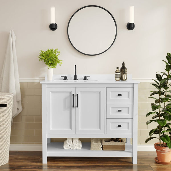 English Elm Vega Bathroom Vanity with Carrara Marble Sink, Soft-Close Storage, and Elegant Open Shelf Design White Frame/Black Hardware 42" FS-VEGA42-WH-HDBLK-GG
