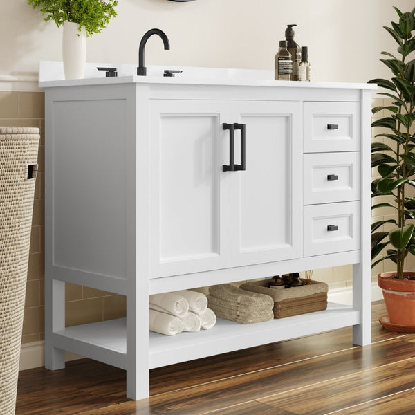 English Elm Vega Bathroom Vanity with Carrara Marble Sink, Soft-Close Storage, and Elegant Open Shelf Design White Frame/Black Hardware 42" FS-VEGA42-WH-HDBLK-GG