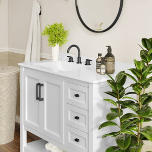 English Elm Vega Bathroom Vanity with Carrara Marble Sink, Soft-Close Storage, and Elegant Open Shelf Design White Frame/Black Hardware 42" FS-VEGA42-WH-HDBLK-GG