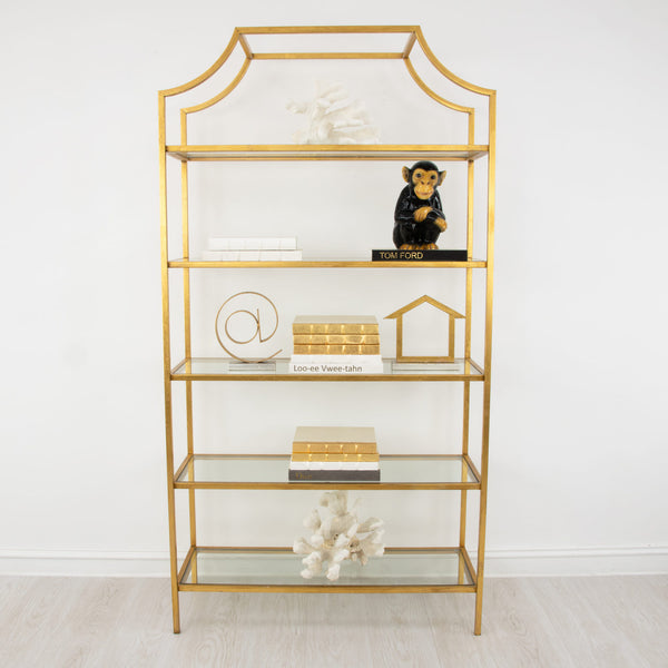 Zeugma Fs615 Gold Shelf - Elegant Metal Frame Bookcase With 5 Tempered Glass Shelves For Stylish Storage Gold Leaf Metal,Tempered Glass Fs615 Gold