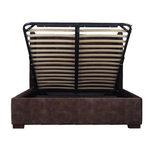 Lh Imports Cora Storage King Bed - Luxurious Velvet Design For Elegant Home Decor And Maximum Storage Space Brown Plywood,Mdf,Rubberwood,Metal,Polyester,Linen,Gas Lift,Pu Foam,Polyester Fiber Fth034q