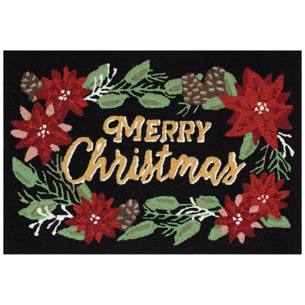 Trans Ocean Liora Manne Merry Christmas Indoor/Outdoor Mat With Festive Poinsettia Design For Holiday Cheer Black Polyester,Acrylic Ftp23469748