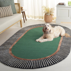 Safavieh Fifth Oval 9X12 Hand-Tufted Rug In Green With Bold Black-White Stripes, Wool-Viscose Plush, Artful Accent FTV107Y-68OV
