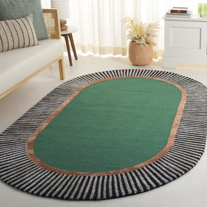 Safavieh Fifth Oval 9X12 Hand-Tufted Rug In Green With Bold Black-White Stripes, Wool-Viscose Plush, Artful Accent FTV107Y-68OV