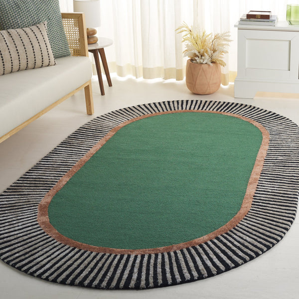 Safavieh Fifth Oval 9X12 Hand-Tufted Rug In Green With Bold Black-White Stripes, Wool-Viscose Plush, Artful Accent FTV107Y-68OV