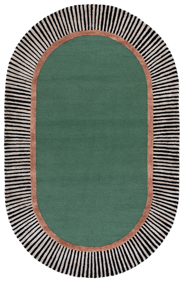 Safavieh Fifth Oval 9X12 Hand-Tufted Rug In Green With Bold Black-White Stripes, Wool-Viscose Plush, Artful Accent FTV107Y-68OV