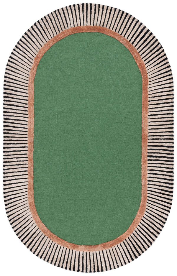 Safavieh Fifth Oval 9X12 Hand-Tufted Rug In Green With Bold Black-White Stripes, Wool-Viscose Plush, Artful Accent FTV107Y-68OV