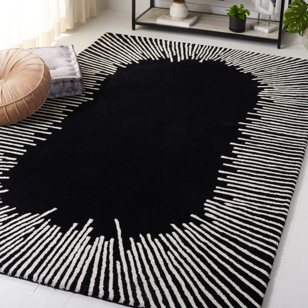 Safavieh Fifth Hand-Tufted Black And Ivory Geometric Wool-Cotton Rug — Low-Profile Modern Accent, India Crafted 7'-0" x 7'-0" FTV129Z-7SQ