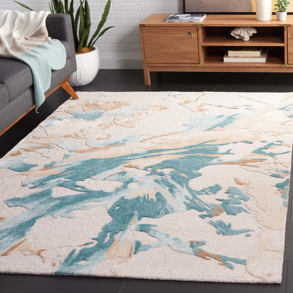 Safavieh Fifth Contemporary Hand-Tufted Area Rug In Beige And Teal Abstract Design — Wool Blend, Low Pile Durability 3'-0" x 5'-0" FTV501L-3