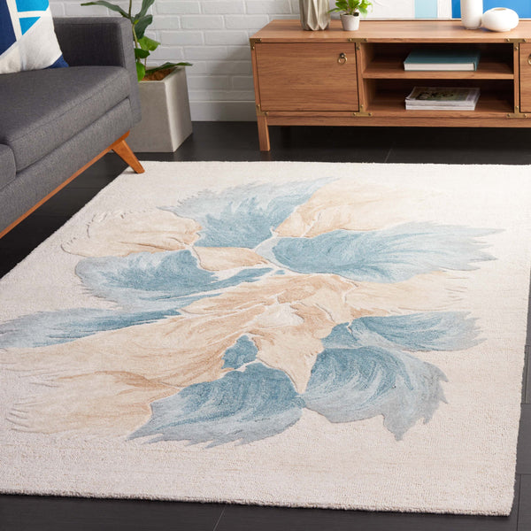 Safavieh Fifth Hand-Tufted Floral Area Rug In Beige And Teal — Low Pile Wool Blend, Artisanal Indian Craftsmanship 6'-0" x 6'-0" FTV503L-6SQ
