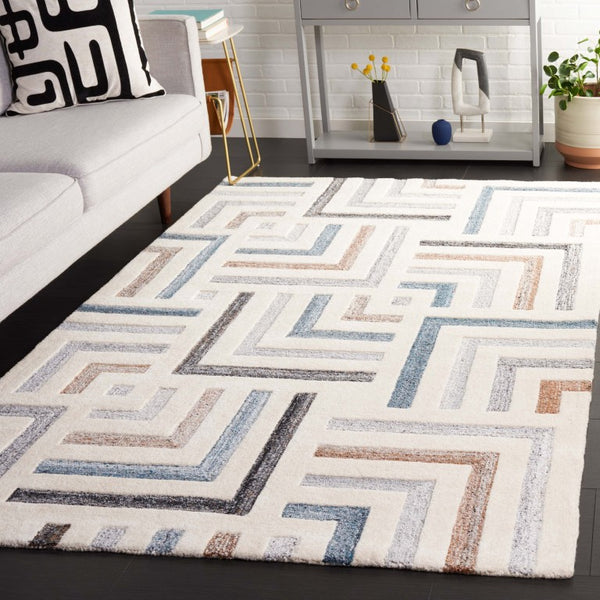 Safavieh Fifth Avenue Hand Tufted Wool Cotton Runner Geometric Ivory Grey Hallway Rug 6'-0" x 9'-0" FTV601A-6