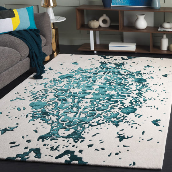 Safavieh Fifth Avenue Handcrafted Area Rug - Modern Teal And Ivory Abstract Design For Luxurious Spaces Teal ,Ivory 60% Wool,30% Viscose,10% Cotton Ftv751l-8