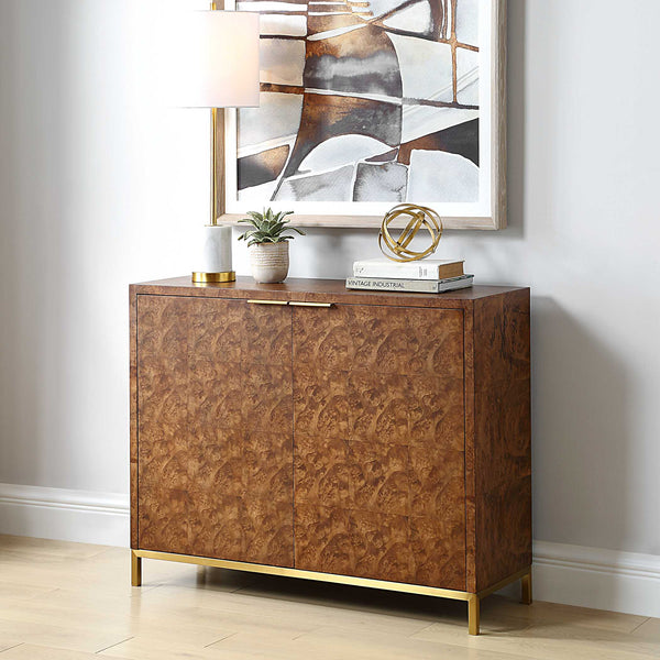 Uttermost Jethro Burl 2 Door Cabinet With Gold Metal Legs - Luxurious Geometric Design For Elegance Woodtone Plywood,Stainless Steel,Hardwar,Burl Veneer 50083