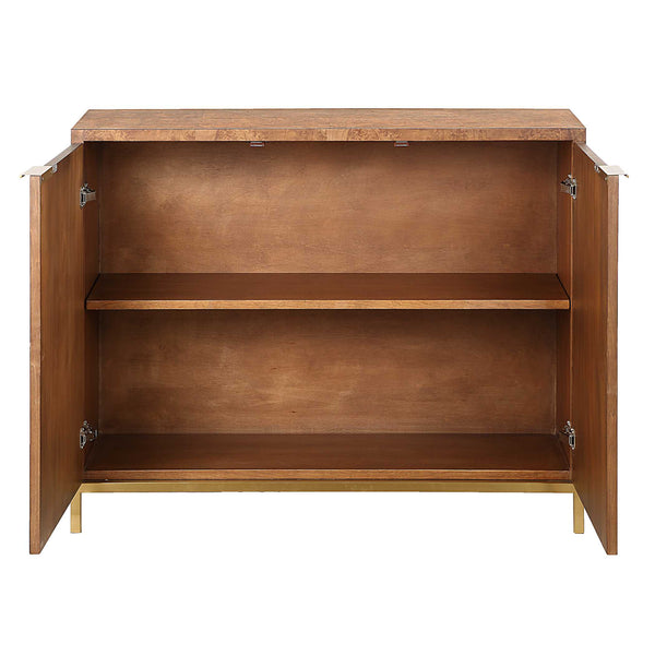 Uttermost Jethro Burl 2 Door Cabinet With Gold Metal Legs - Luxurious Geometric Design For Elegance Woodtone Plywood,Stainless Steel,Hardwar,Burl Veneer 50083