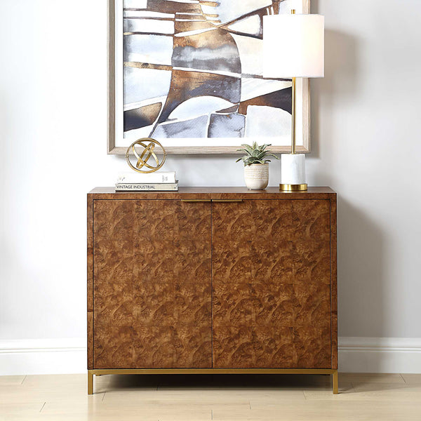 Uttermost Jethro Burl 2 Door Cabinet With Gold Metal Legs - Luxurious Geometric Design For Elegance Woodtone Plywood,Stainless Steel,Hardwar,Burl Veneer 50083