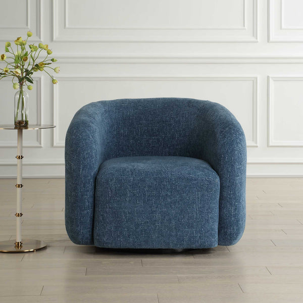 Uttermost Junie Blue Swivel Barrel Chair - Chic Design With Dramatic Back And Luxurious Chenille Upholstery Blue Fabric,Foam,Plywood 23918