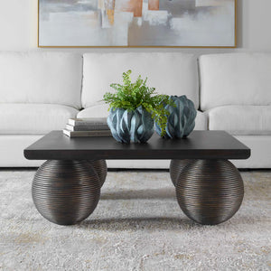 Uttermost Kasson Sphere Leg Coffee Table - Distressed Black Mango Wood & Oversized Rattan Design Black Mdf Mango Veneer And Javamix Wood 50148