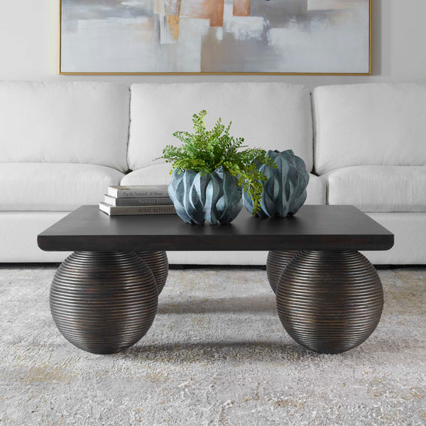Uttermost Kasson Sphere Leg Coffee Table - Distressed Black Mango Wood & Oversized Rattan Design Black Mdf Mango Veneer And Javamix Wood 50148