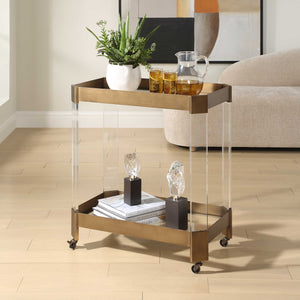 Uttermost Giselle Bronze Bar Cart With Glass Shelves & Acrylic Legs For A Stunning Party Experience Bronze Metal,Tempered Glass,Acrylic 50156
