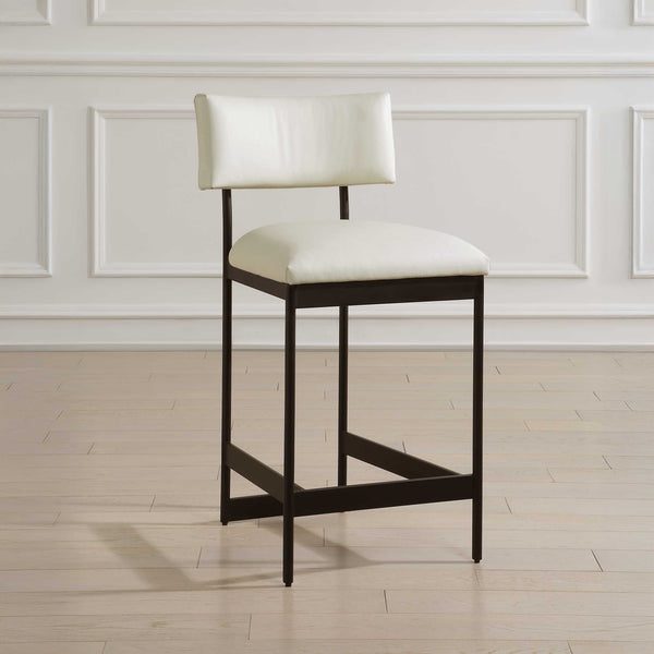 Uttermost Uttermost Apsley Black Counter Stool — Sleek Matte Frame, Full-Grain Winter White Leather, Floating Backrest, Ergonomic Comfort 23937
