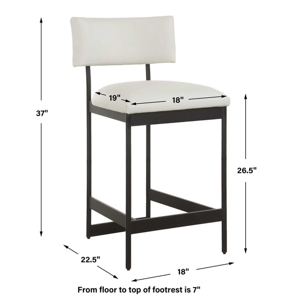 Uttermost Uttermost Apsley Black Counter Stool — Sleek Matte Frame, Full-Grain Winter White Leather, Floating Backrest, Ergonomic Comfort 23937