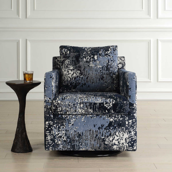 Uttermost Tisdell Stylish Swivel Glider Chair With Abstract Pattern In White, Gray, And Indigo Blue Plywood,Hardwood,Fabric,Foam,Hardware 23923