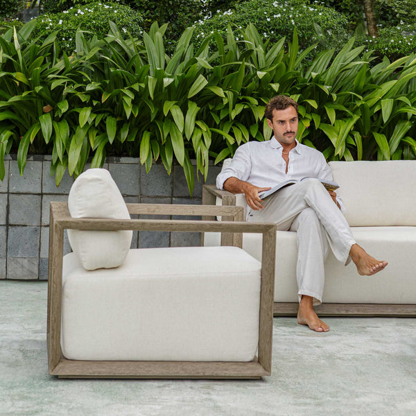 Uttermost Remsen Outdoor Lounge Chair - Stylish Gray Mahogany Design With Cushioned Comfort & Durability Brown,White Mahogani Wood And Fabric Cloud Dancer 53002