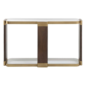Uttermost Ryles Elegant Glass Console Table With Walnut Veneer Legs & Gold Iron Accents, Stylish Design Brass,Brown,Woodtone Metal,Tempered Glass,Mdf,Walnut Veneer 50202