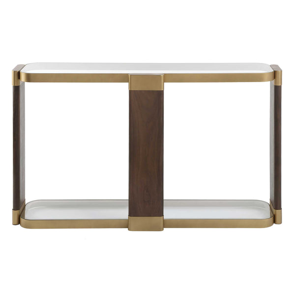 Uttermost Ryles Elegant Glass Console Table With Walnut Veneer Legs & Gold Iron Accents, Stylish Design Brass,Brown,Woodtone Metal,Tempered Glass,Mdf,Walnut Veneer 50202