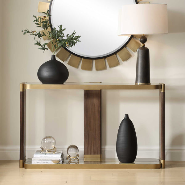 Uttermost Ryles Elegant Glass Console Table With Walnut Veneer Legs & Gold Iron Accents, Stylish Design Brass,Brown,Woodtone Metal,Tempered Glass,Mdf,Walnut Veneer 50202