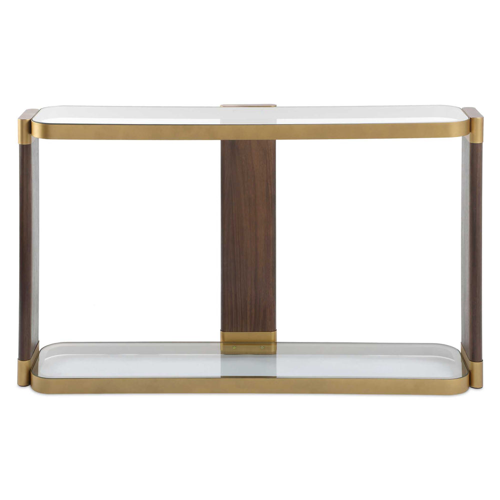 Uttermost Ryles Elegant Glass Console Table With Walnut Veneer Legs & Gold Iron Accents, Stylish Design Brass,Brown,Woodtone Metal,Tempered Glass,Mdf,Walnut Veneer 50202