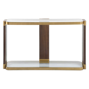 Uttermost Ryles Elegant Glass Console Table With Walnut Veneer Legs & Gold Iron Accents, Stylish Design Brass,Brown,Woodtone Metal,Tempered Glass,Mdf,Walnut Veneer 50202