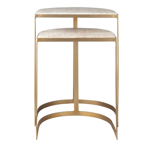 Uttermost Uttermost Lindon Travertine Nesting Tables Set/2 — Gold Strap Frame, Natural Stone Tops, Space-Saving Elegance 50246