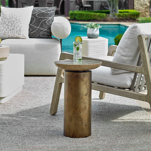 Uttermost Oslo Brass Outdoor Accent Table – Stylish Travertine Top With Unique Iron Base For Versatile Use Brass Metal,Travertine 50222