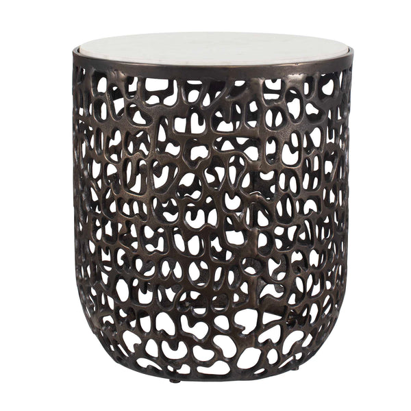 Uttermost Striking Marble Outdoor Side Table With Elegant Bronze Base For Indoor And Outdoor Use Black,White Metal,White Banswara Marble 50227