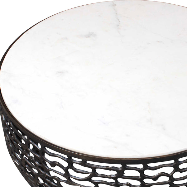 Uttermost Striking Marble Outdoor Side Table With Elegant Bronze Base For Indoor And Outdoor Use Black,White Metal,White Banswara Marble 50228