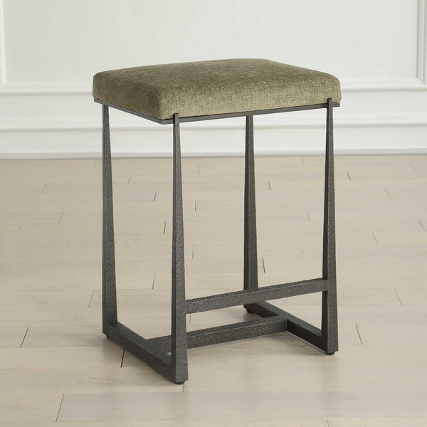Uttermost Uttermost Midas Counter Stool With Textured Antique Iron Base And Driftwood Upholstered Seat, Plush Comfort Bronze,Green 53031
