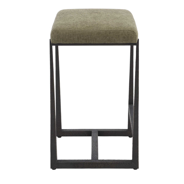 Uttermost Uttermost Midas Counter Stool With Textured Antique Iron Base And Driftwood Upholstered Seat, Plush Comfort Bronze,Green 53031