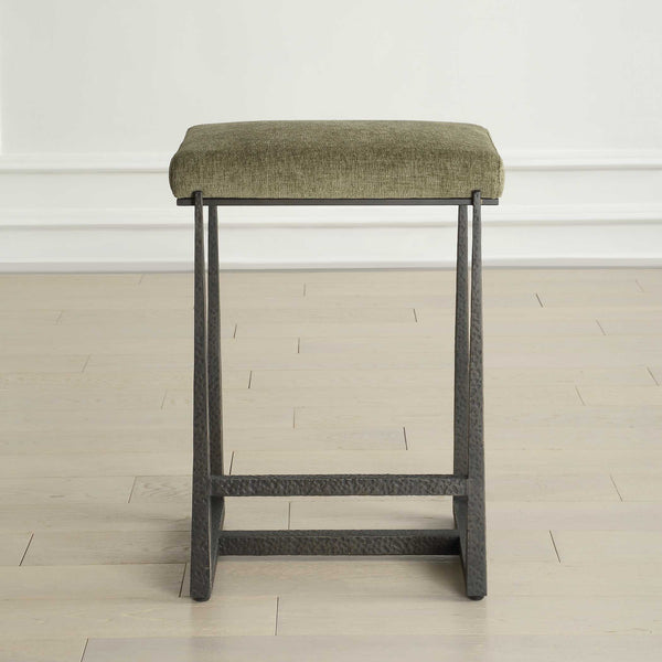 Uttermost Uttermost Midas Counter Stool With Textured Antique Iron Base And Driftwood Upholstered Seat, Plush Comfort Bronze,Green 53031