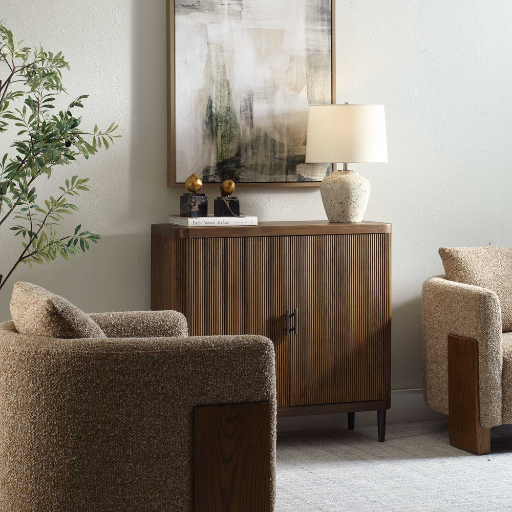 Uttermost Uttermost Pinstripe Tambour 2 Door Cabinet In Light Walnut Mango Wood With Matte Black Pulls & Legs 50256